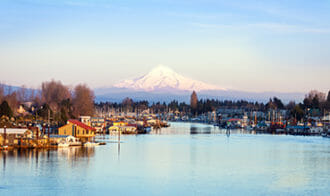 Photo of Mount Hood over the Columbia River.